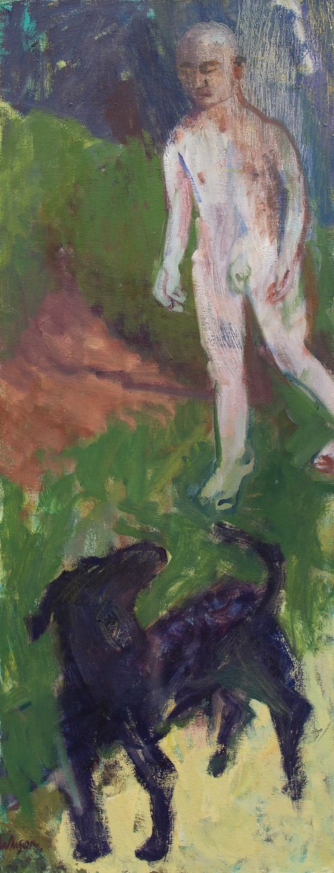 Homem branco que passeava um cão preto, 2016 (óleo sobre tela) de Megan Williamson