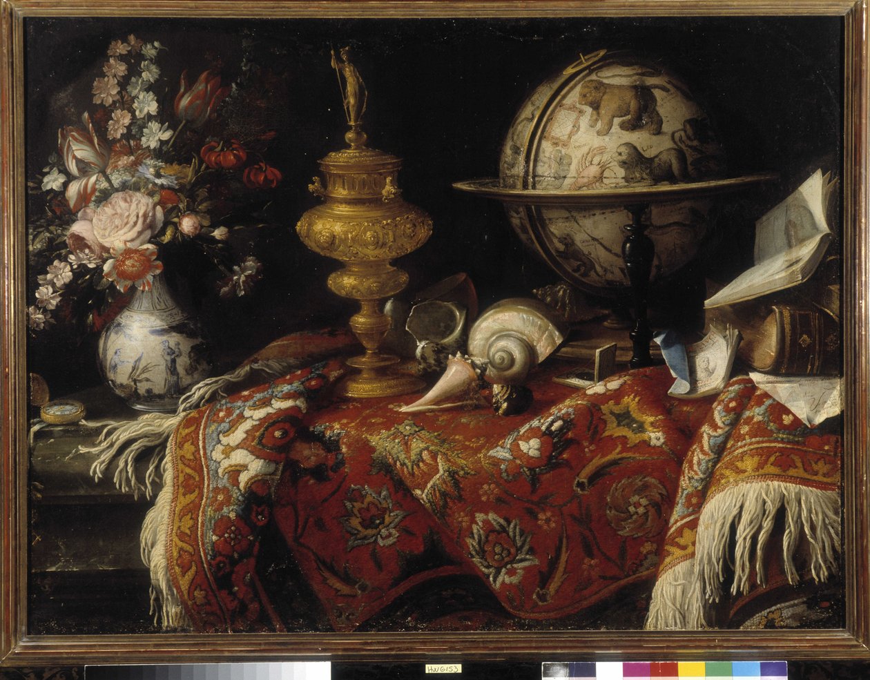 Vaso de flores, globo astral, livros e trabalhos em ouro sobre um tapete. Pintura por Meiffren Conte (ou Conde) (1630-1705) Menção obrigatória: Fondação de colecções de Provence, Marselha (cm 92x121) de Meiffren (c.1630 1705) Conte