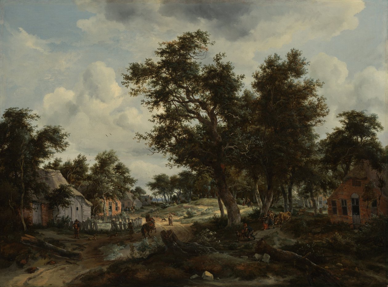Uma paisagem arborizada com viajantes em um caminho de Meindert Hobbema