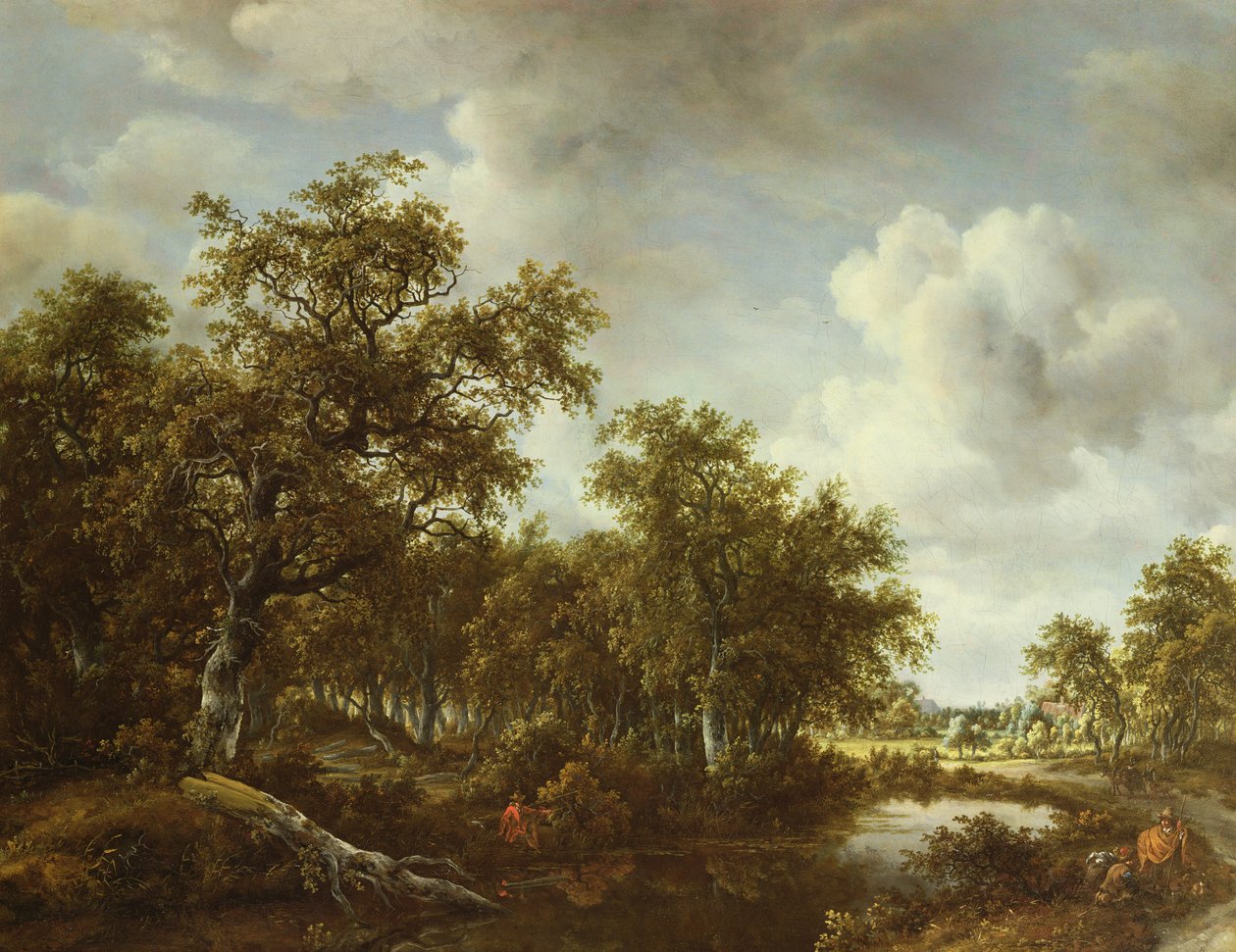 Uma paisagem arborizada com um pescador por uma lagoa, 1664 de Meindert Hobbema