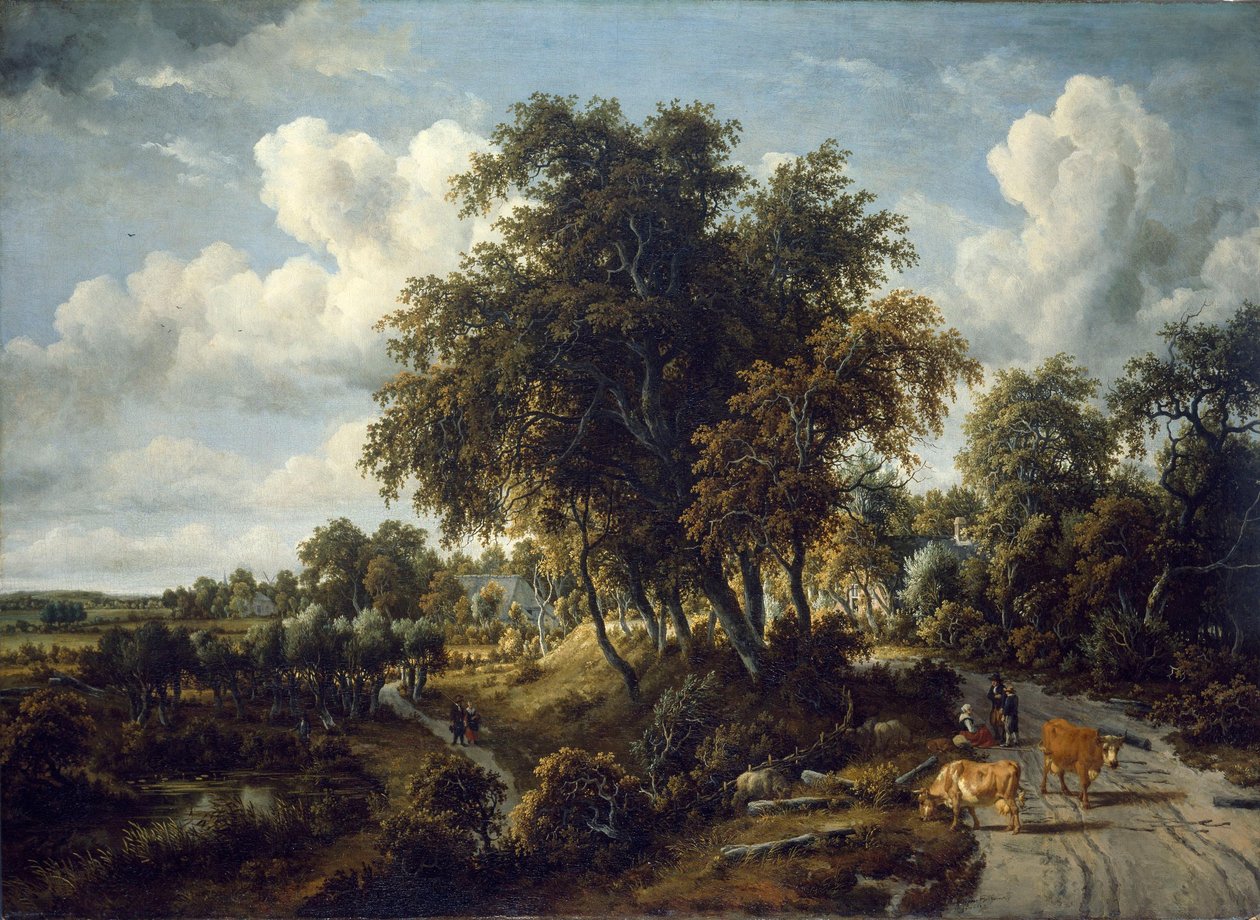 Uma paisagem arborizada: o caminho no dique de Meindert Hobbema