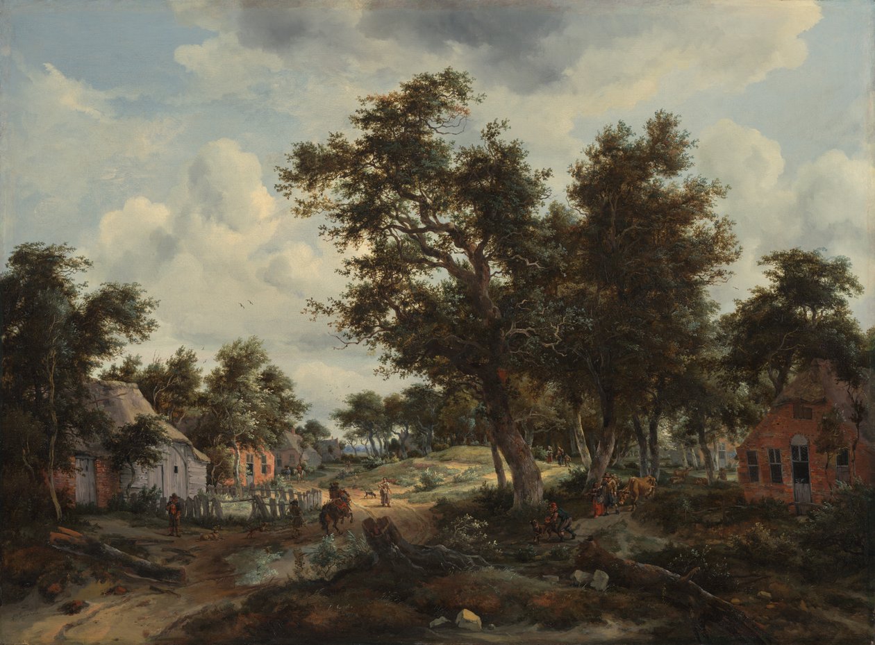 Paisagem arborizada com viajantes num caminho através de uma aldeia de Meindert Hobbema