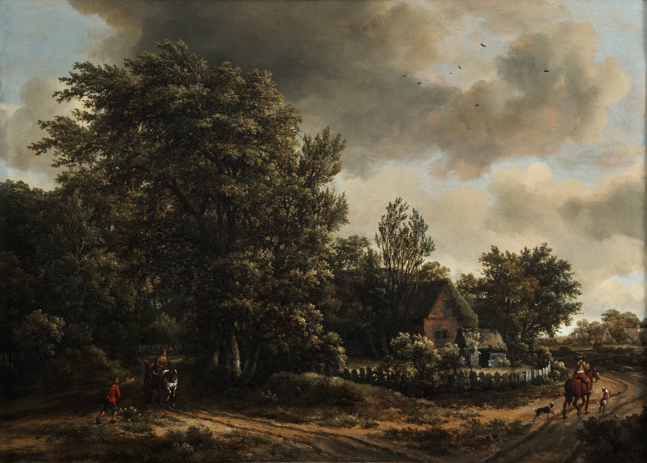 Paisagem arborizada com viajantes numa estrada junto a uma casa de campo de Meindert Hobbema