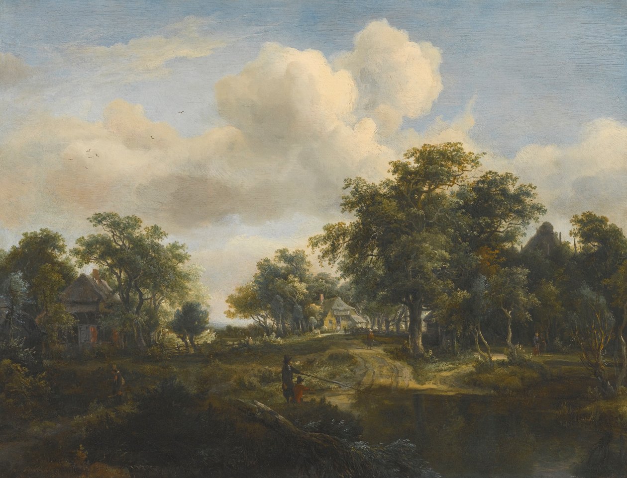 Uma aldeia na floresta com pescadores de Meindert Hobbema