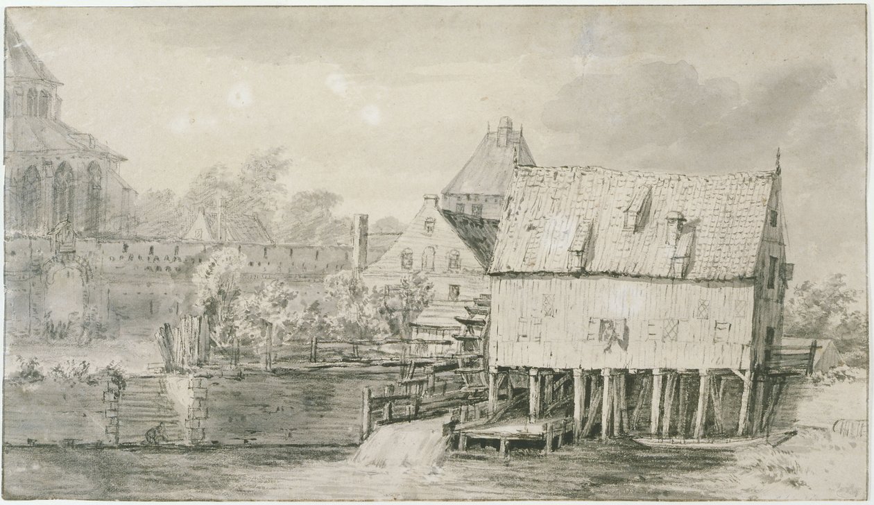 A chamada igreja Bergkerk e moinho de água em Deventer (Lugt 43) de Meindert Hobbema