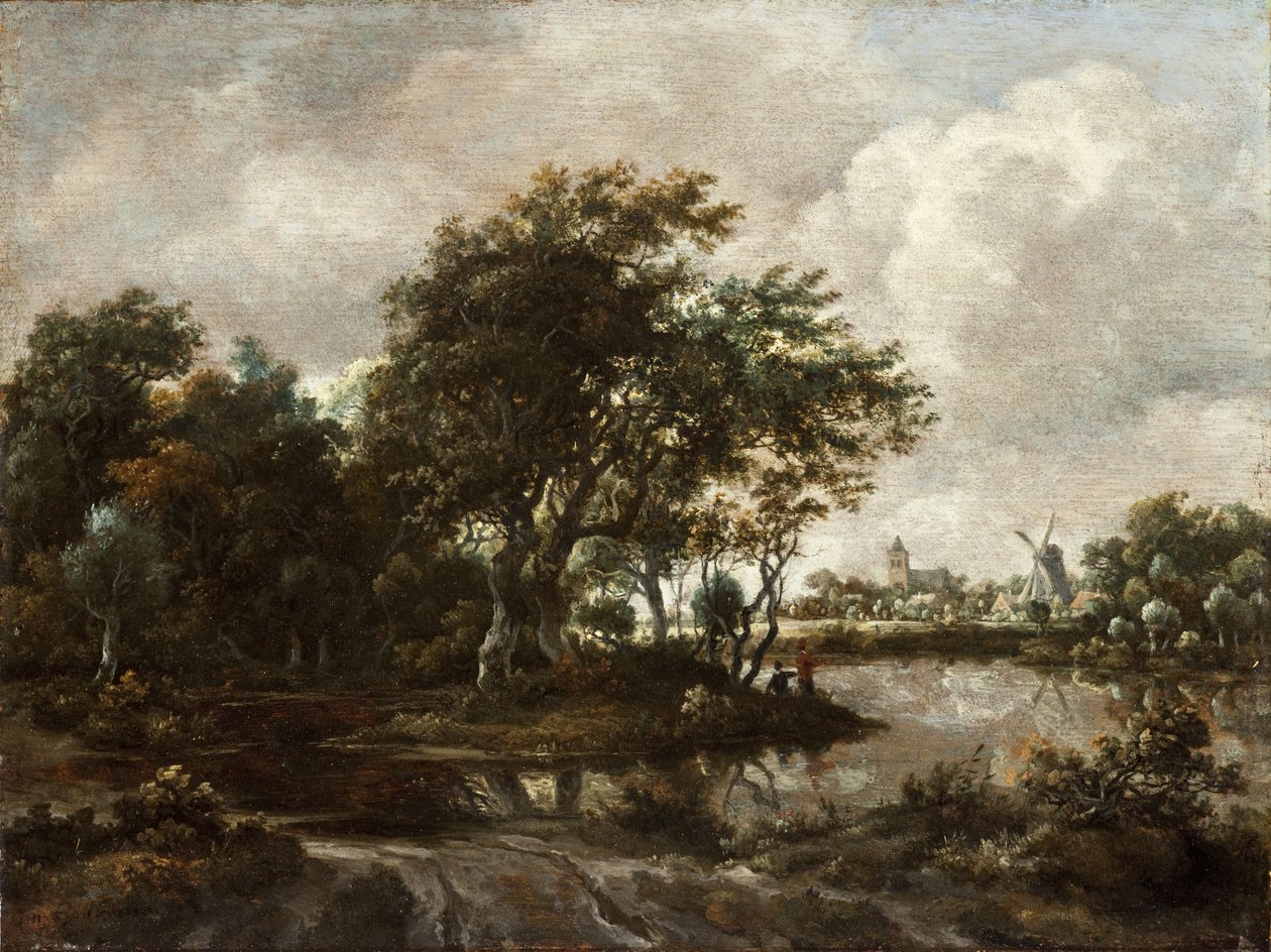 Paisagem com pescadores à linha e uma cidade ao longe de Meindert Hobbema