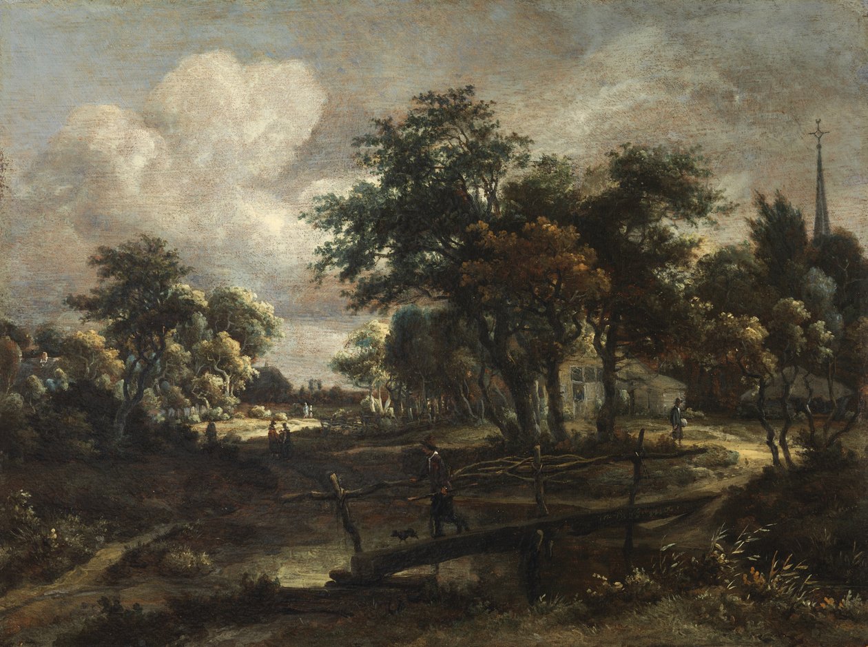 Paisagem com uma ponte pedonal de Meindert Hobbema