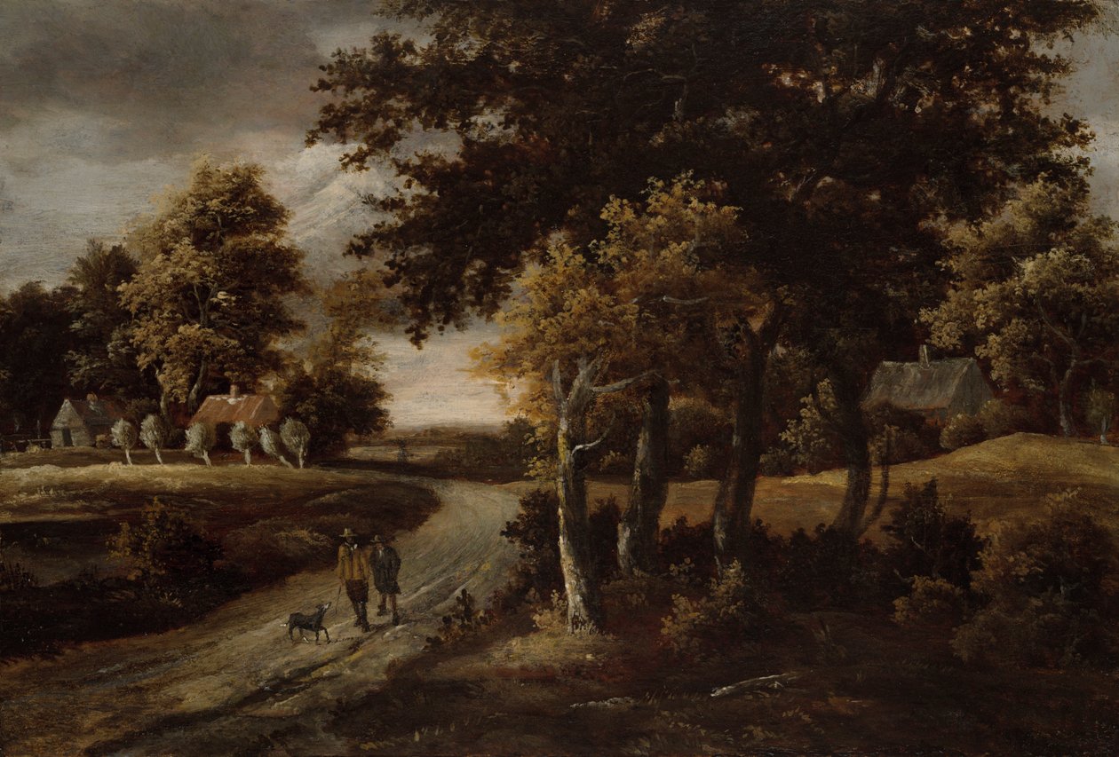 Paisagem arborizada com figuras num caminho de Meindert Hobbema