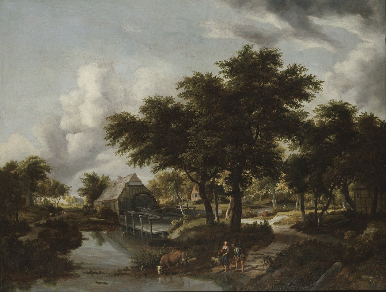 Paisagem arborizada com moinho de água de Meindert Hobbema