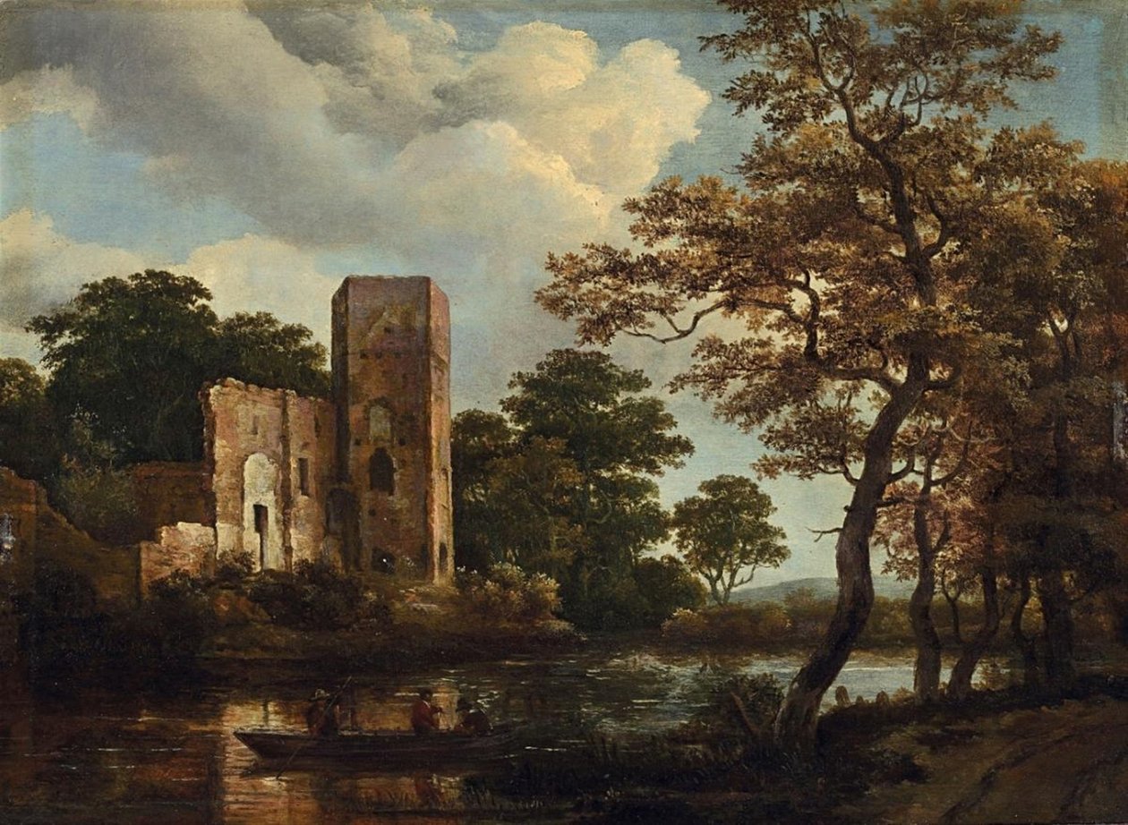 Paisagem fluvial arborizada com as ruínas do castelo de Egmond em Egmond aan den Hoef de Meindert Hobbema