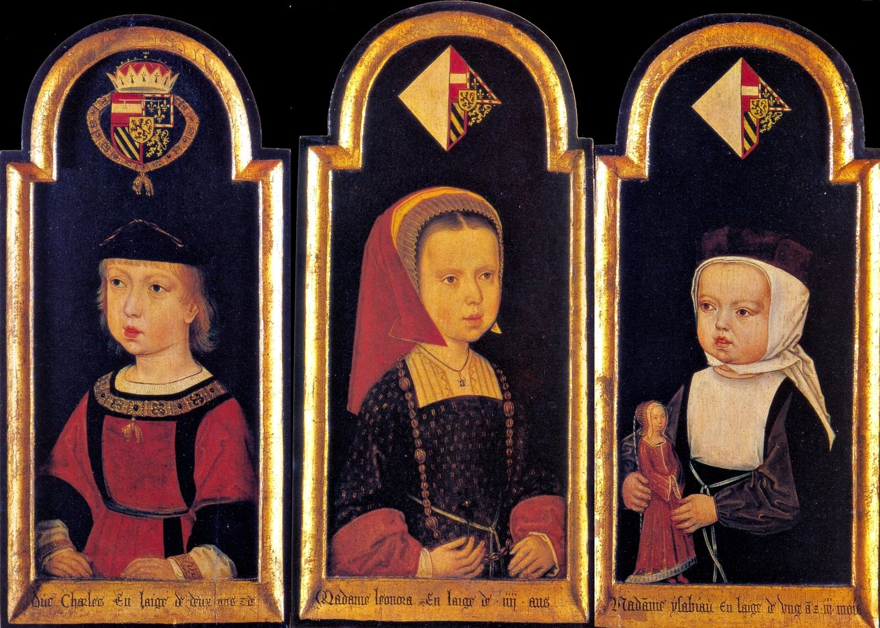 Arquiduque Charles, o posterior Imperador do Sacro Império Romano Carlos V., com suas irmãs Eleonore e Isabella aos 2 anos de idade. de Meister der St. Georgsgilde der St. Georgsgilde