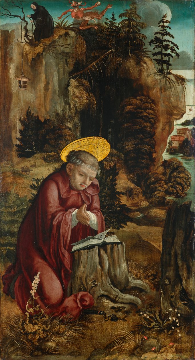 St. Bento em frente à gruta de Subiaco de Meister des Innerochsenbacher Annenaltars