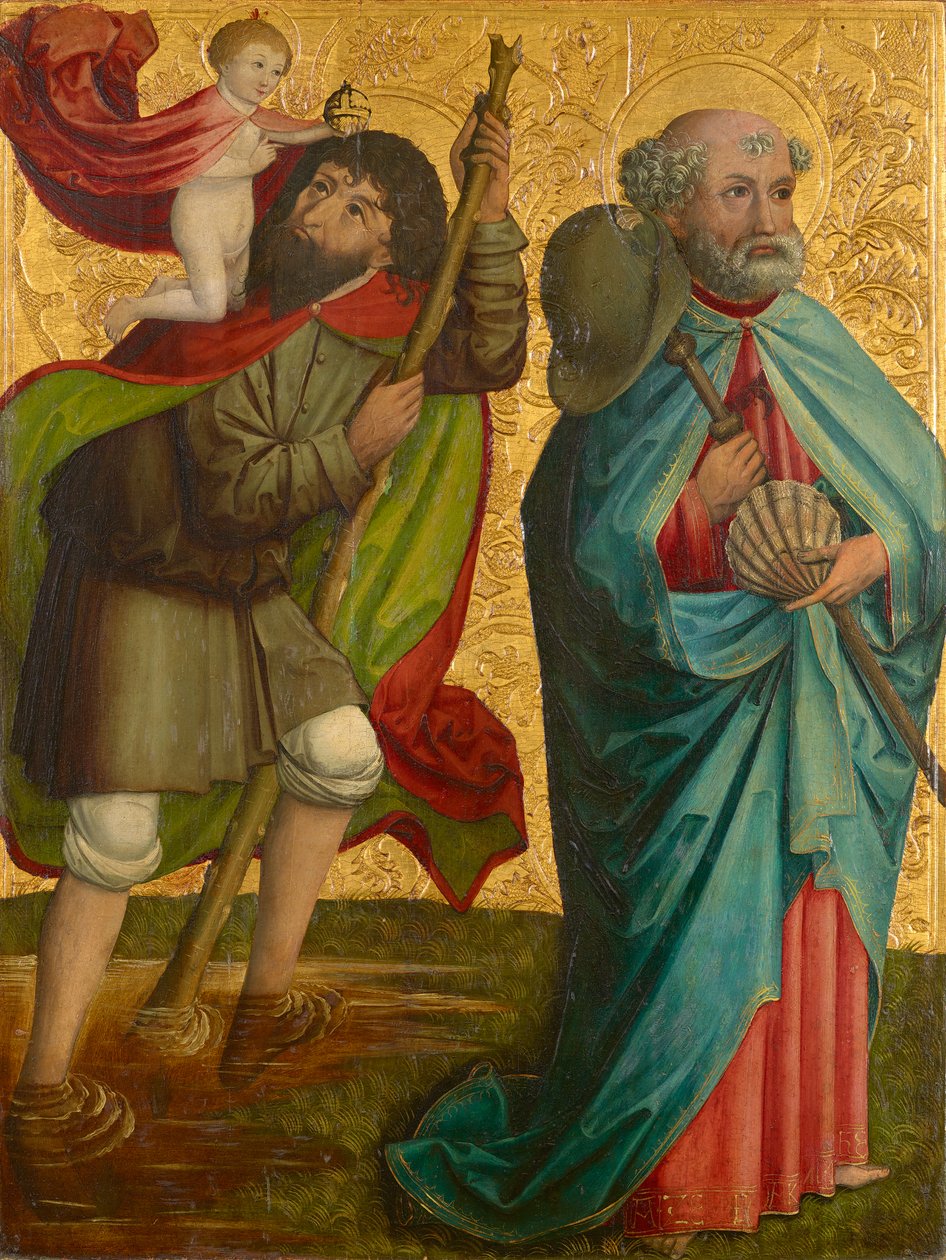 Ala esquerda do chamado tríptico Pretschlaipfer: St. Christophorus e Jakobus Major (dentro); Anunciação a Maria (fora) de Meister von Großgmain (Werkstatt)