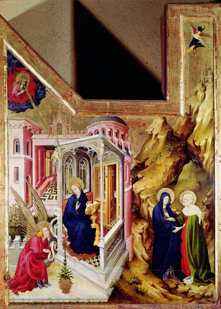 Retábulo do Chartreuse de Champmol, lado esquerdo representando a Anunciação e a Visitação, c.1393-99 de Melchior Broederlam