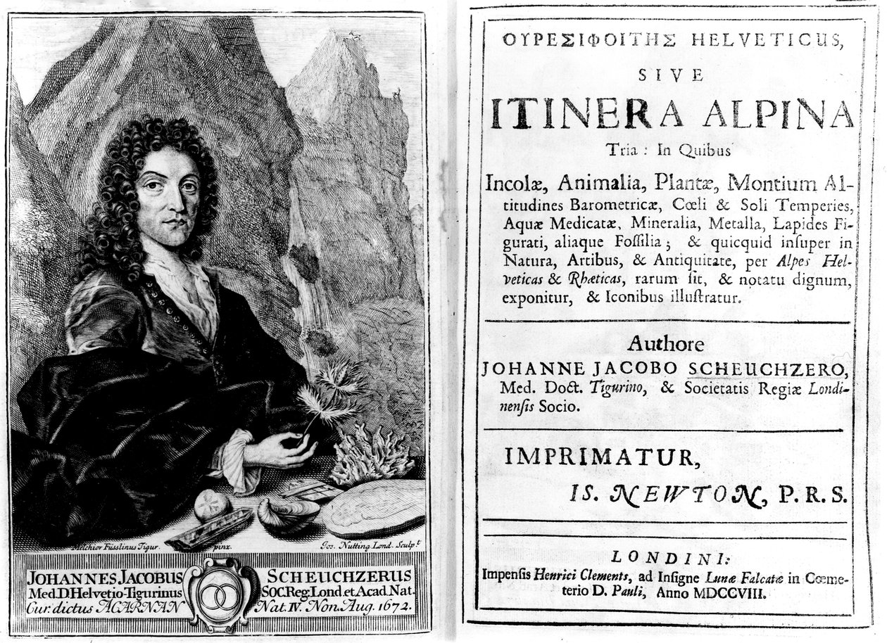 Frontispício e página de título de &39;Itinera Alpina Tria&39; de Johann Jakob Scheuchzer, gravado por Joseph Nutting, publicado em 1708 de Melchior Fusslinus Tigur