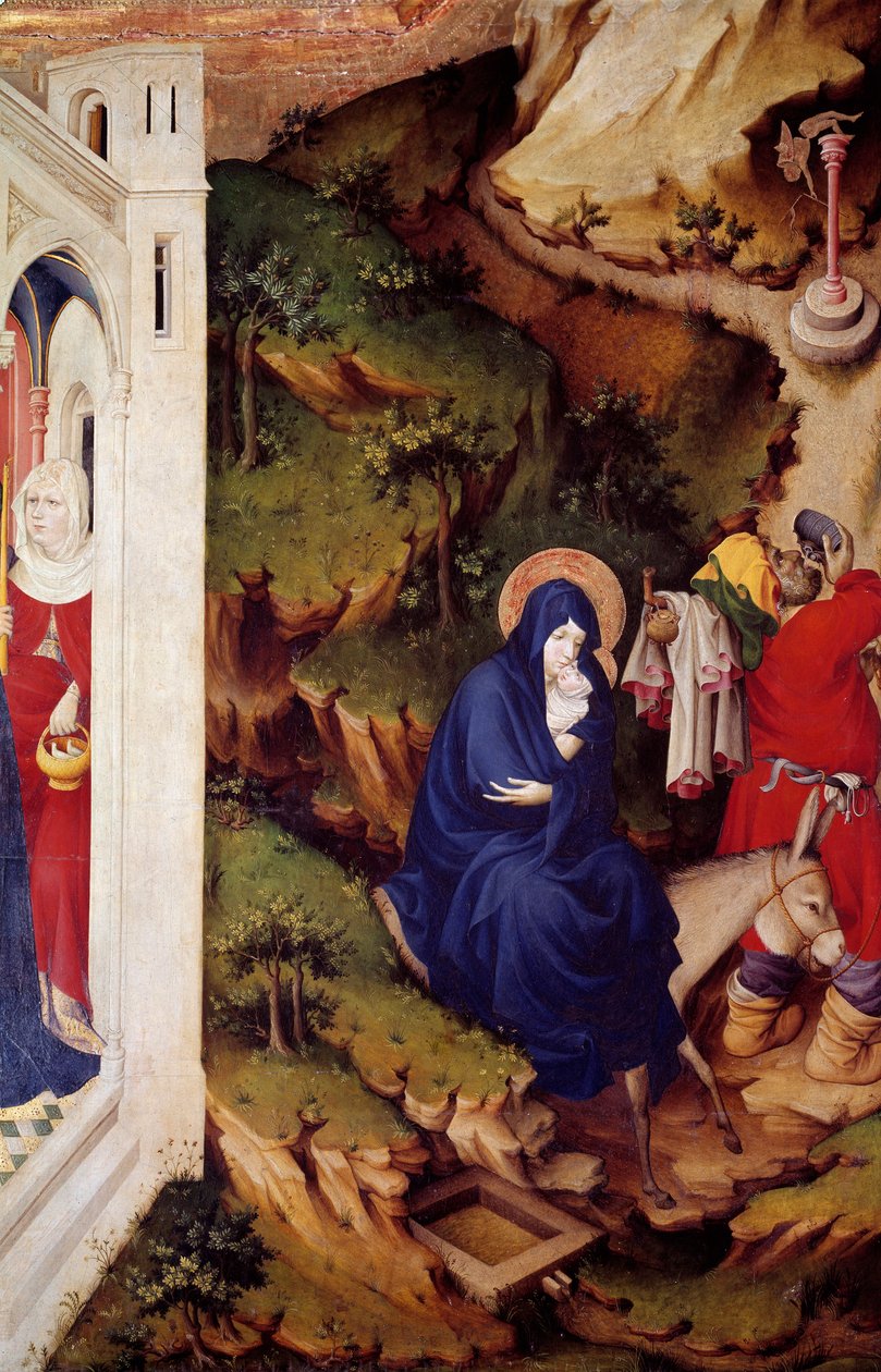 O voo para o Egipto Detalhe da secção direita do retábulo da Chartreuse de Champmol. Pintura em madeira de Melchior Broederlam (entre 1381 e 1409 aproximadamente) 1393-1399. Sol 1,49x1,8 m Dijon, museu de Belas Artes de Melchior Broederlam