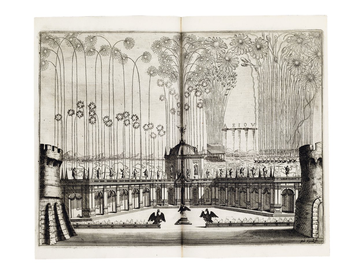 Fogos de artifício por ocasião do casamento de Leopoldo I (1640-1705), Sacro Imperador Romano e Margarida Teresa da Espanha (1651-73) em Viena, dezembro de 1666 de Melchior Küsel