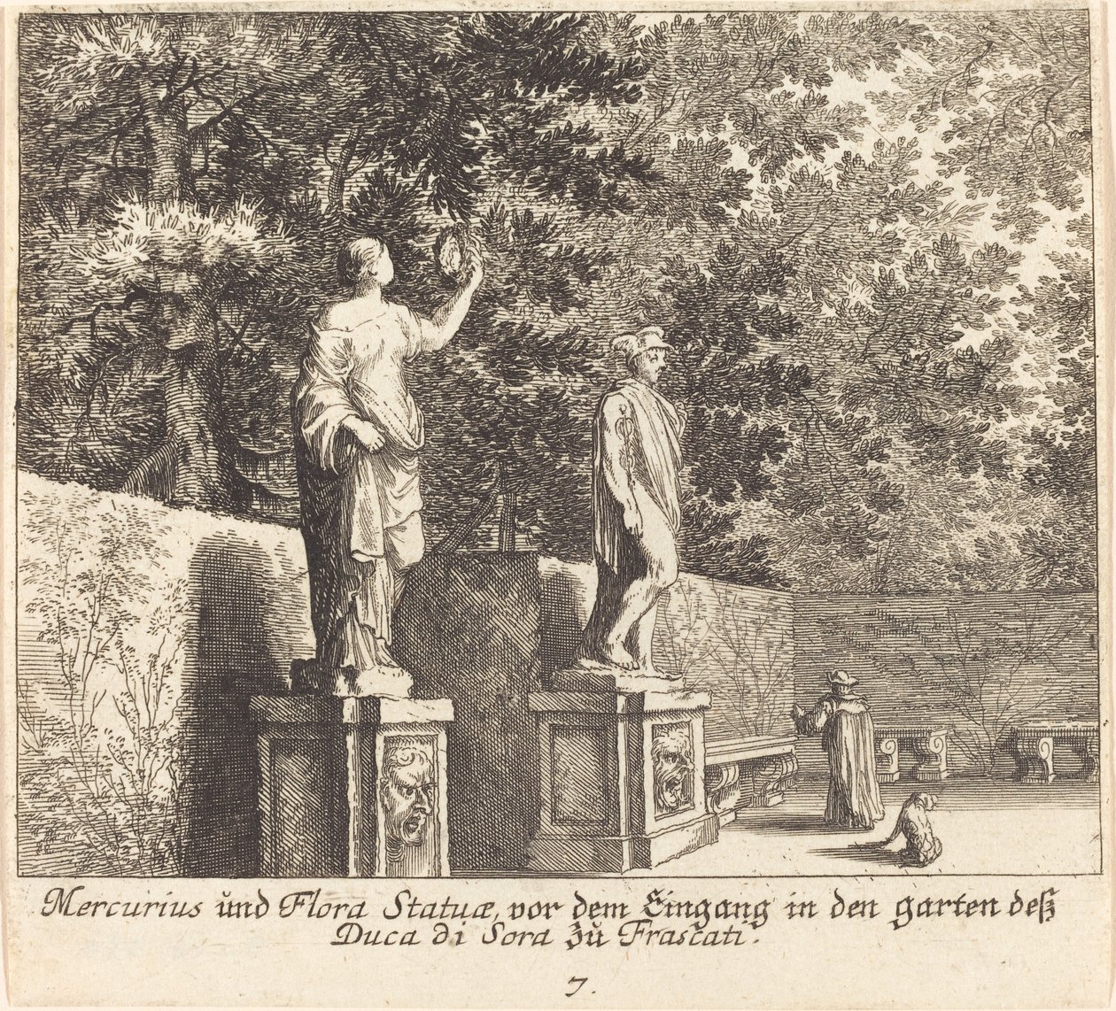 Estátuas de Mercúrio e Flora, Jardins de Dukedi Sora, Frascati de Melchior Küsel after Johann Wilhelm Baur