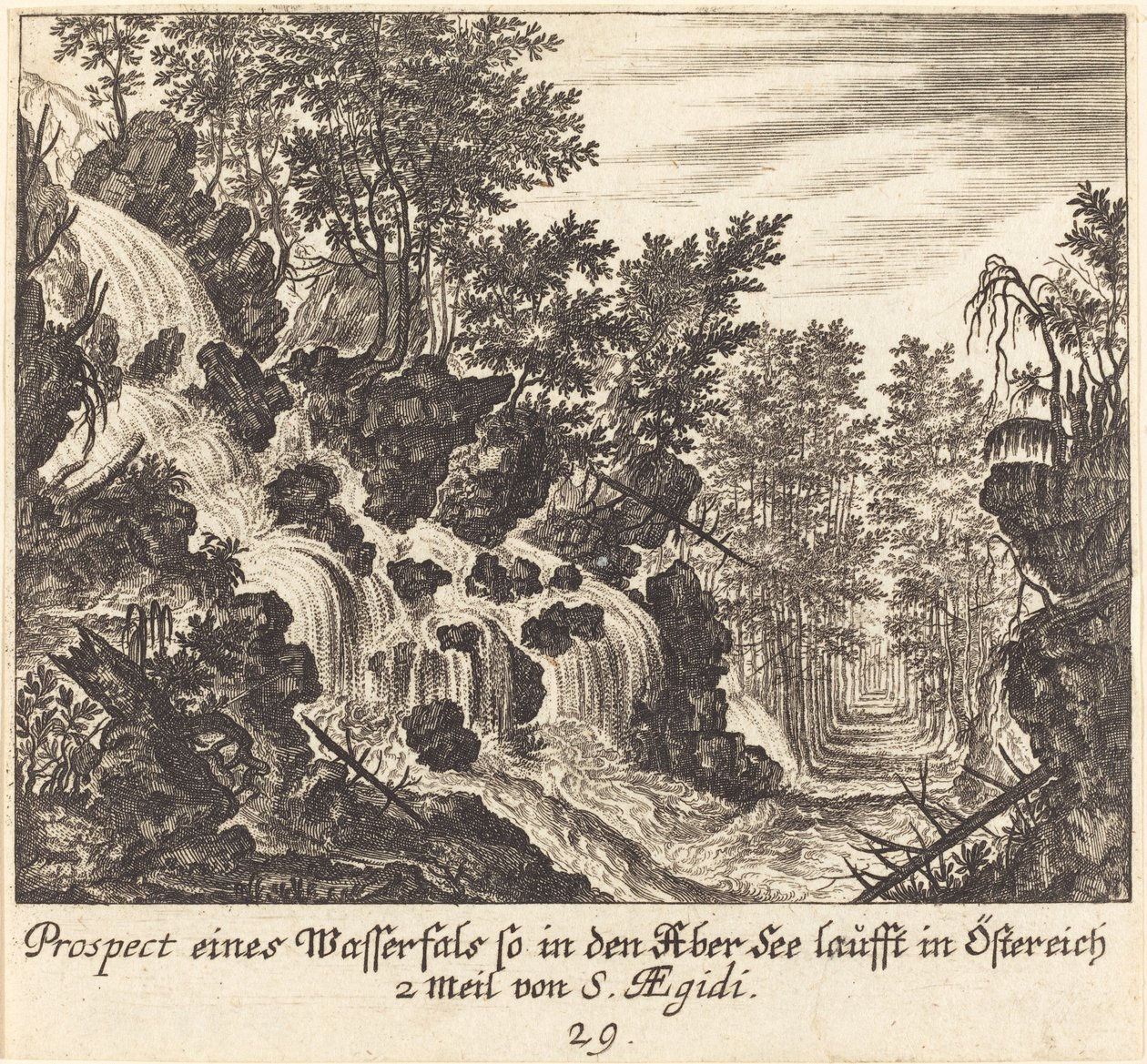 Vista de uma cachoeira, Áustria de Melchior Küsel after Johann Wilhelm Baur