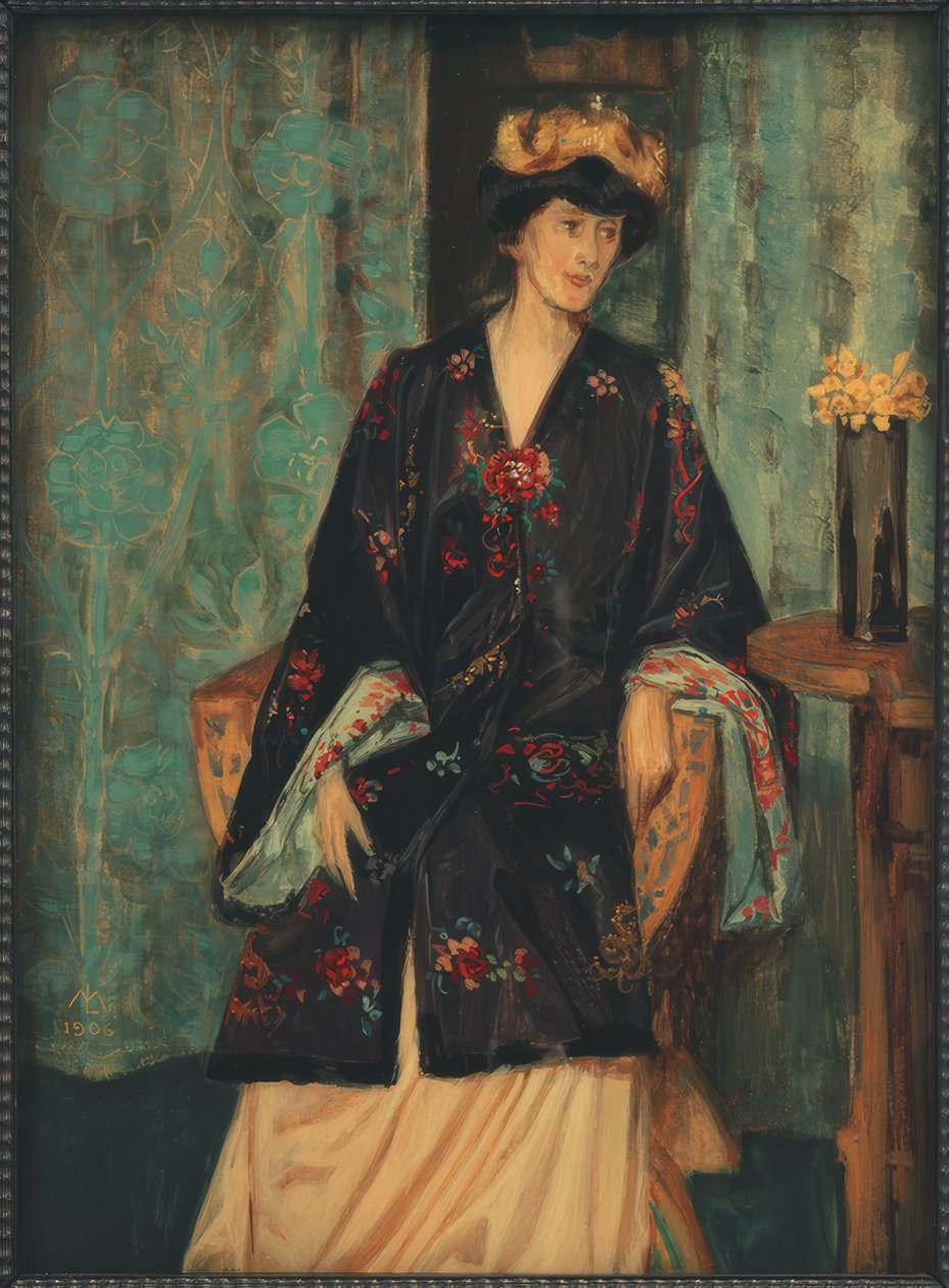 Retrato de Eleonore Reichl em túnica japonesa no trono de Lechter