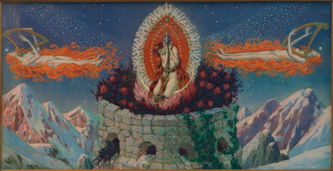 Torre sagrada nas montanhas com as quatro fontes dos fluxos de vida de Melchior Lechter