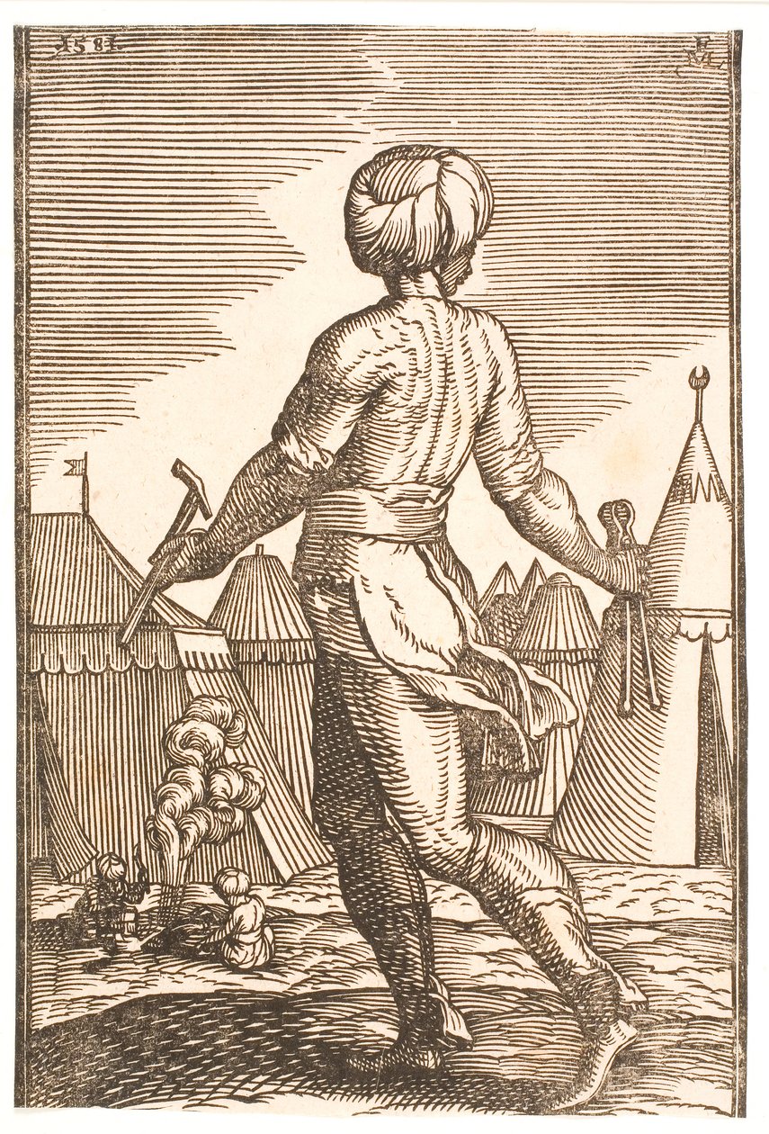 Um ferreiro visto de trás em um acampamento de Melchior Lorck