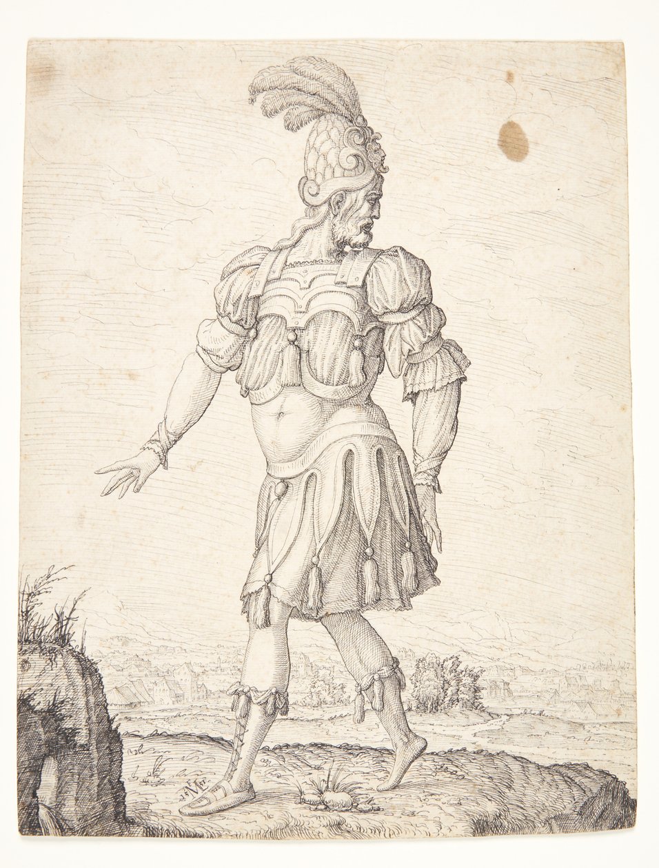 Um homem em trajes romanos, apontando para uma mola de Melchior Lorck
