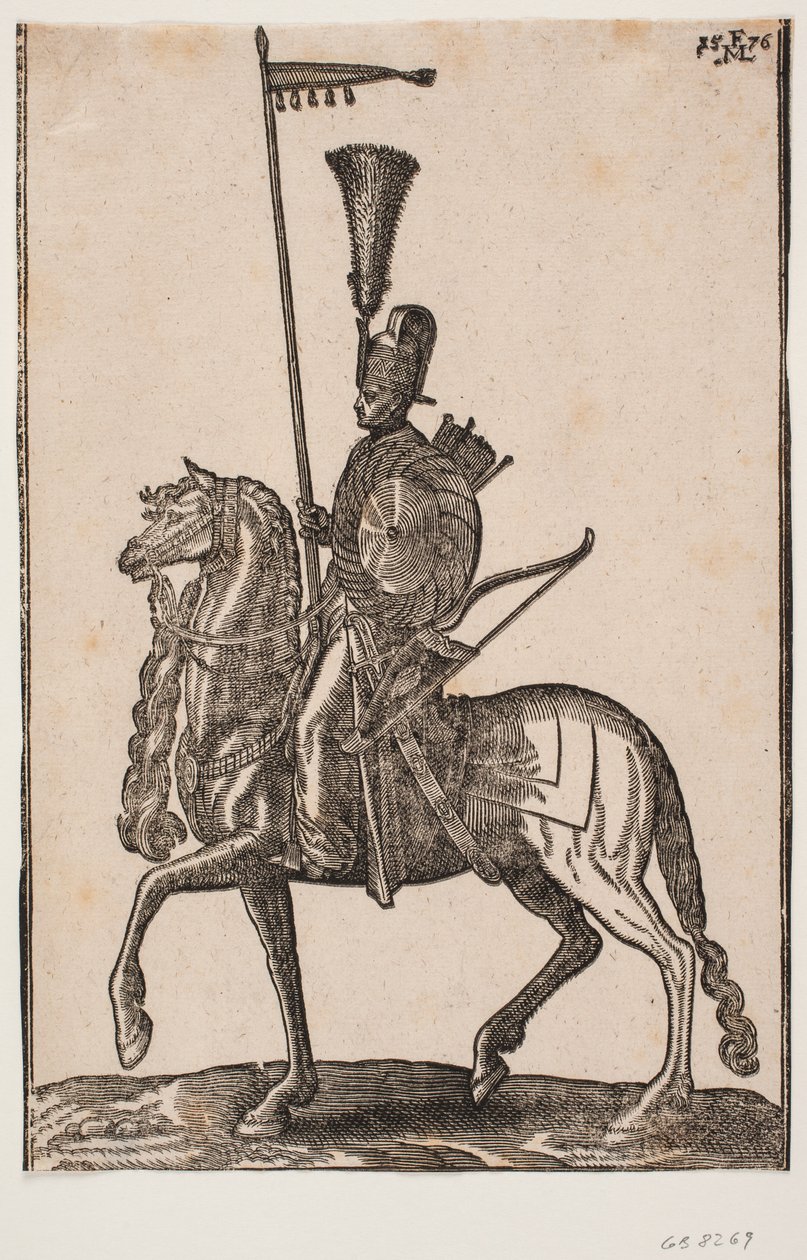 Soldado montado, perfil a v.; lança com galhardete, arco ao lado, escudo circular, aljava; cocar com arbusto de penas de Melchior Lorck