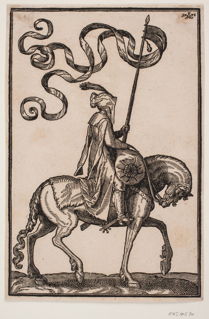 Porta-estandarte montado, perfil para h.; o estandarte é de dois lóbulos, o cavaleiro desarmado, a cavalo na frente dele uma bolsa em forma de salsicha de Melchior Lorck