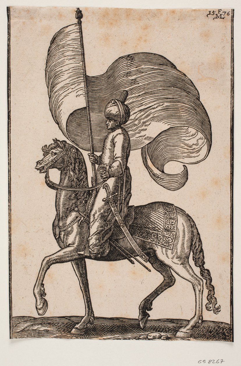 Porta-estandarte montado, perfil para v.; ele carrega uma espada em seu lado v. de Melchior Lorck
