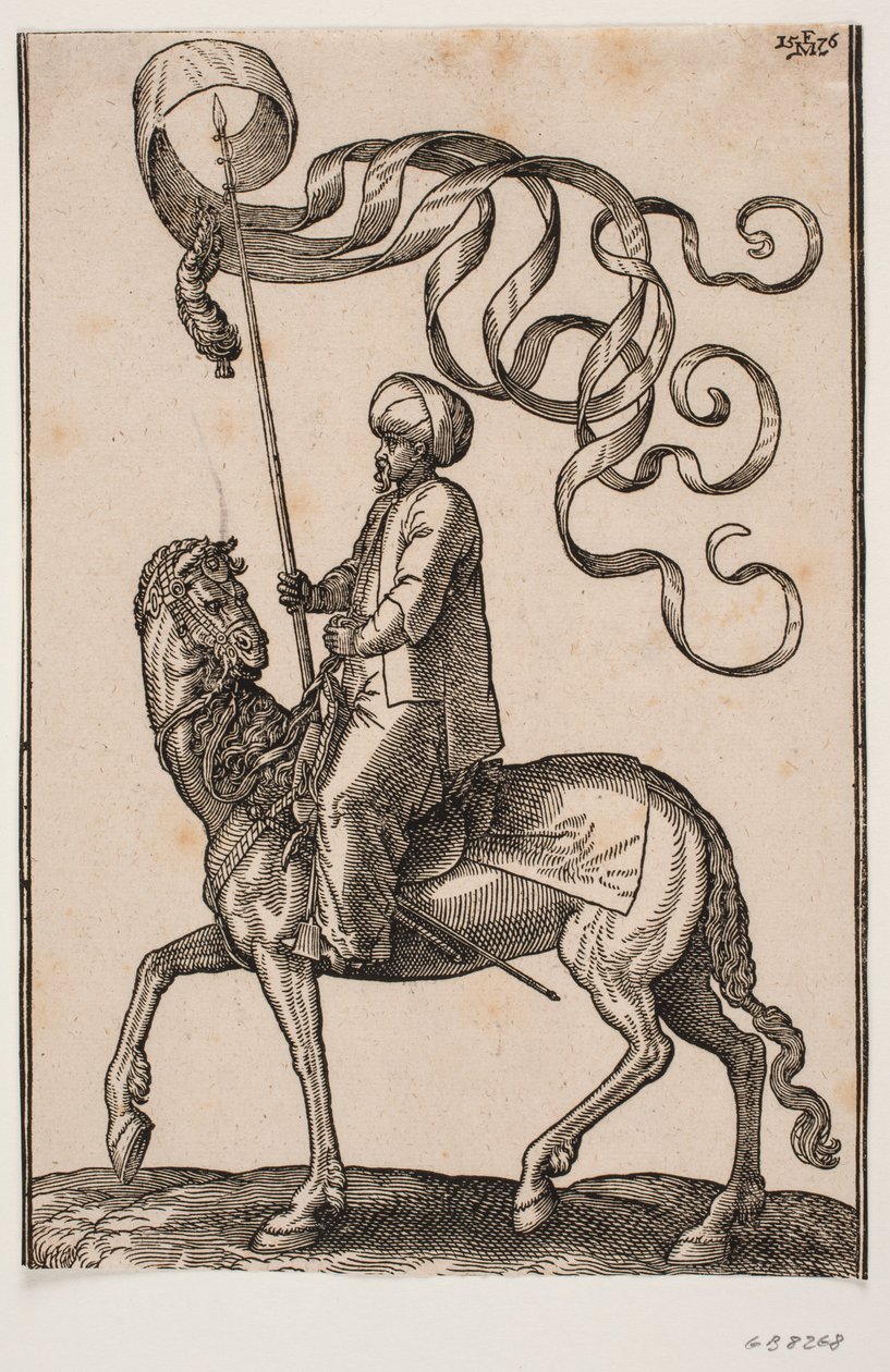 Porta-estandarte montado, perfil para v.; o estandarte é trilobado e abaixo dele está suspensa uma pena; sua espada colocada entre sua perna v. e o flanco do cavalo de Melchior Lorck
