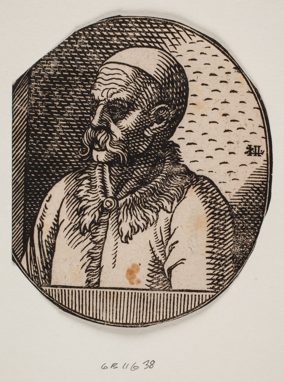 Busto de homem com barba e calota; 3/4 perfil para a esquerda de Melchior Lorck