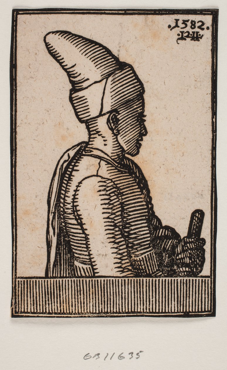Busto de um jovem com chapéu pontiagudo e bastão na mão esquerda, perfil para a direita de Melchior Lorck