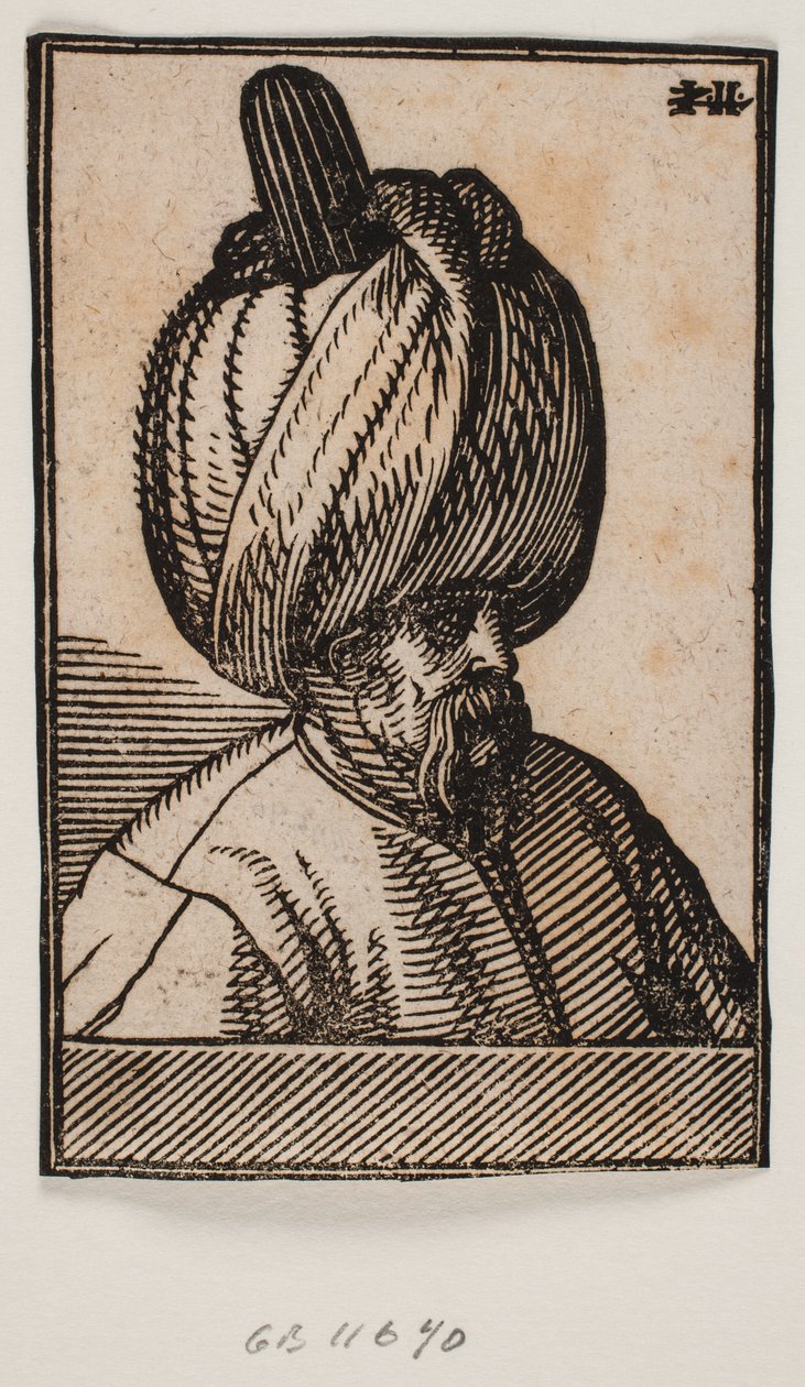 Busto de homem barbudo com turbante, perfil 3/4 para a direita de Melchior Lorck