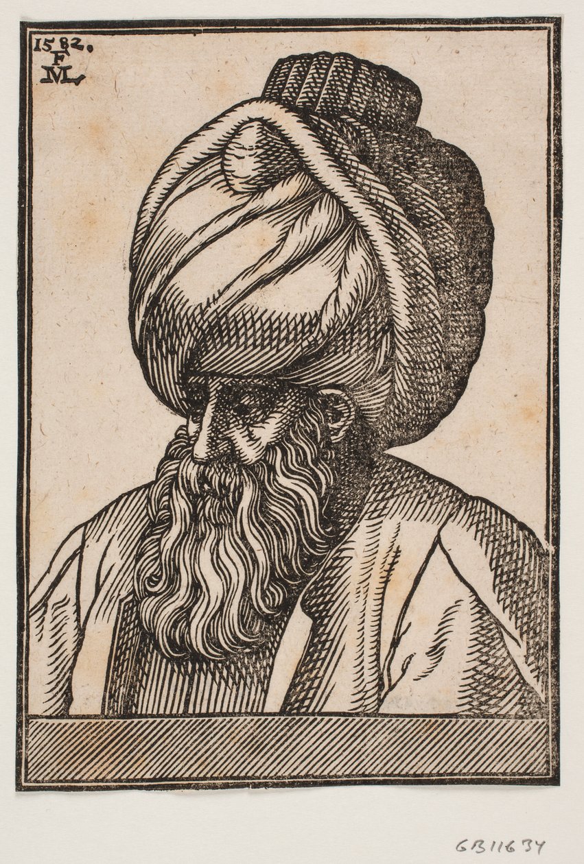 Busto de homem barbudo com turbante, perfil 3/4 para a esquerda de Melchior Lorck