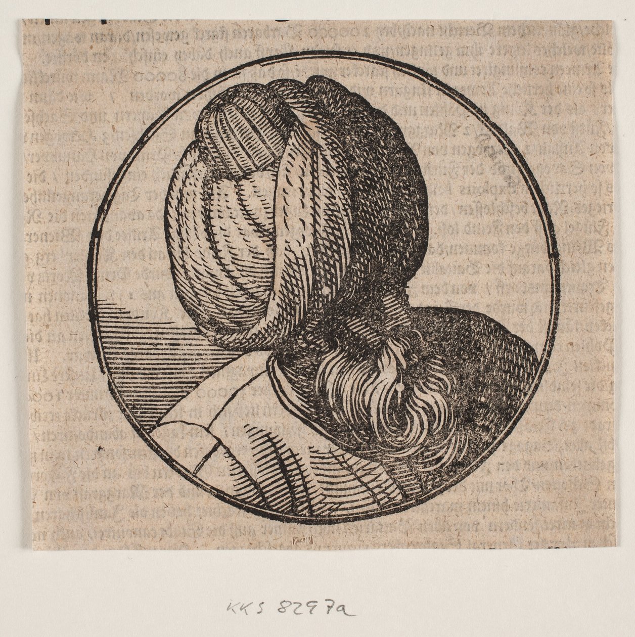 Medalhão circular com busto de homem barbudo de turbante, visto de cima diagonalmente, 3/4 de perfil para a direita de Melchior Lorck