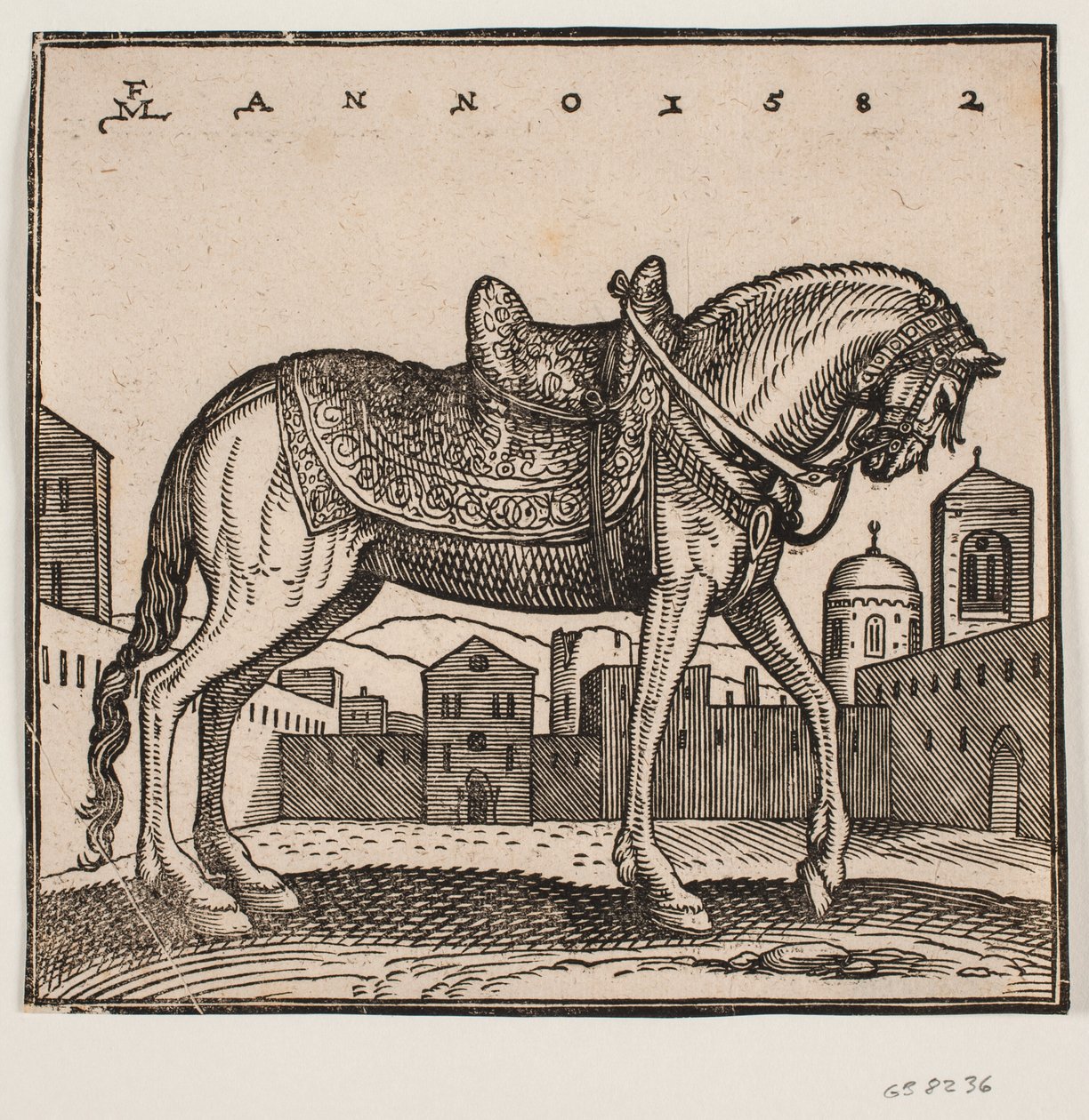 Cavalo selado elegante, perfil à direita, em quadrado retangular de Melchior Lorck