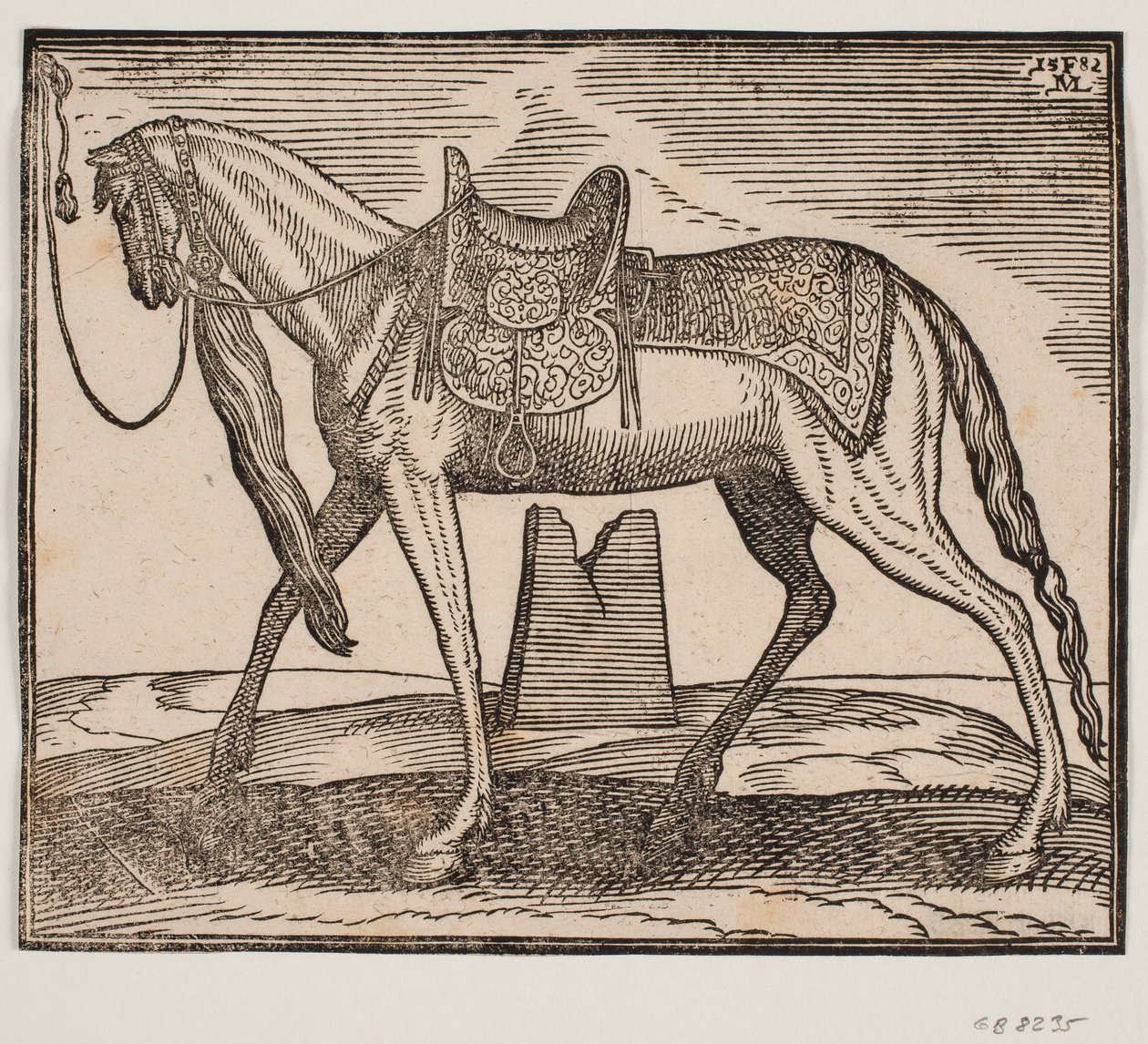 Cavalo selado elegante, amarrado por linha de enquadramento v., perfil a v.; sob a barriga do cavalo você pode ver um arruinado de Melchior Lorck