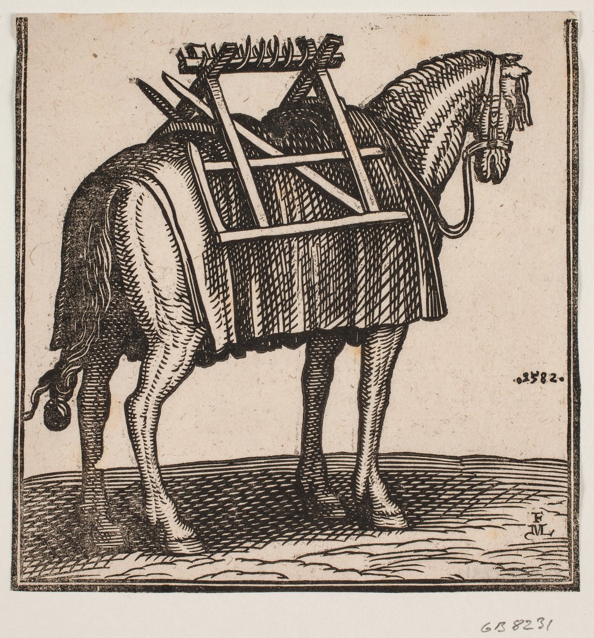 Um cavalo de carga sem carga com um carregador nas costas, visto obliquamente por trás em direção a h. de Melchior Lorck