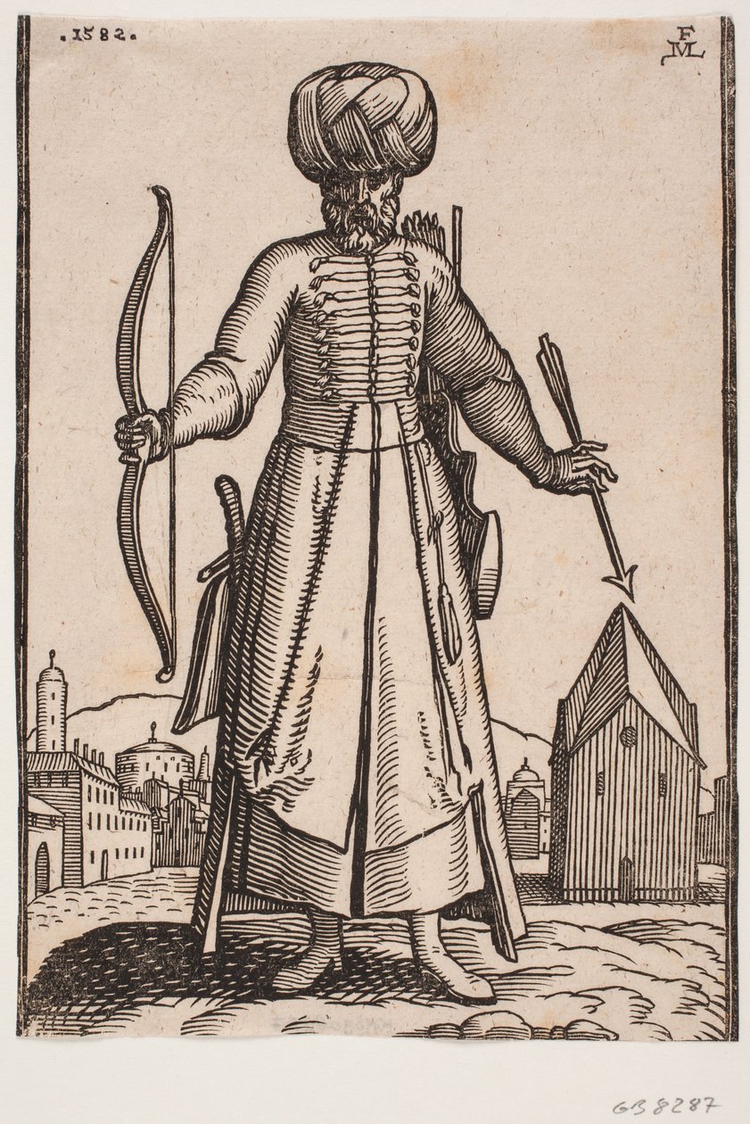 Vista frontal, soldado de turbante com braços estendidos, de pé em uma praça aberta em uma cidade; na mão segura um arco, na v. uma flecha; atrás de l. ombro uma aljava, por h. lado um sabre de Melchior Lorck