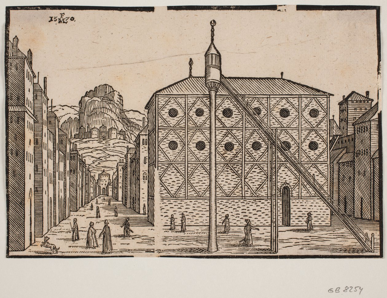 Rua, na mesquita em primeiro plano e minarete independente de Melchior Lorck
