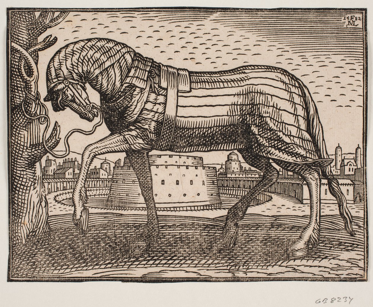 Cavalo, coberto com armário, perfil à esquerda, amarrado a uma árvore; na cidade de fundo com castelo cônico em fosso circular de Melchior Lorck