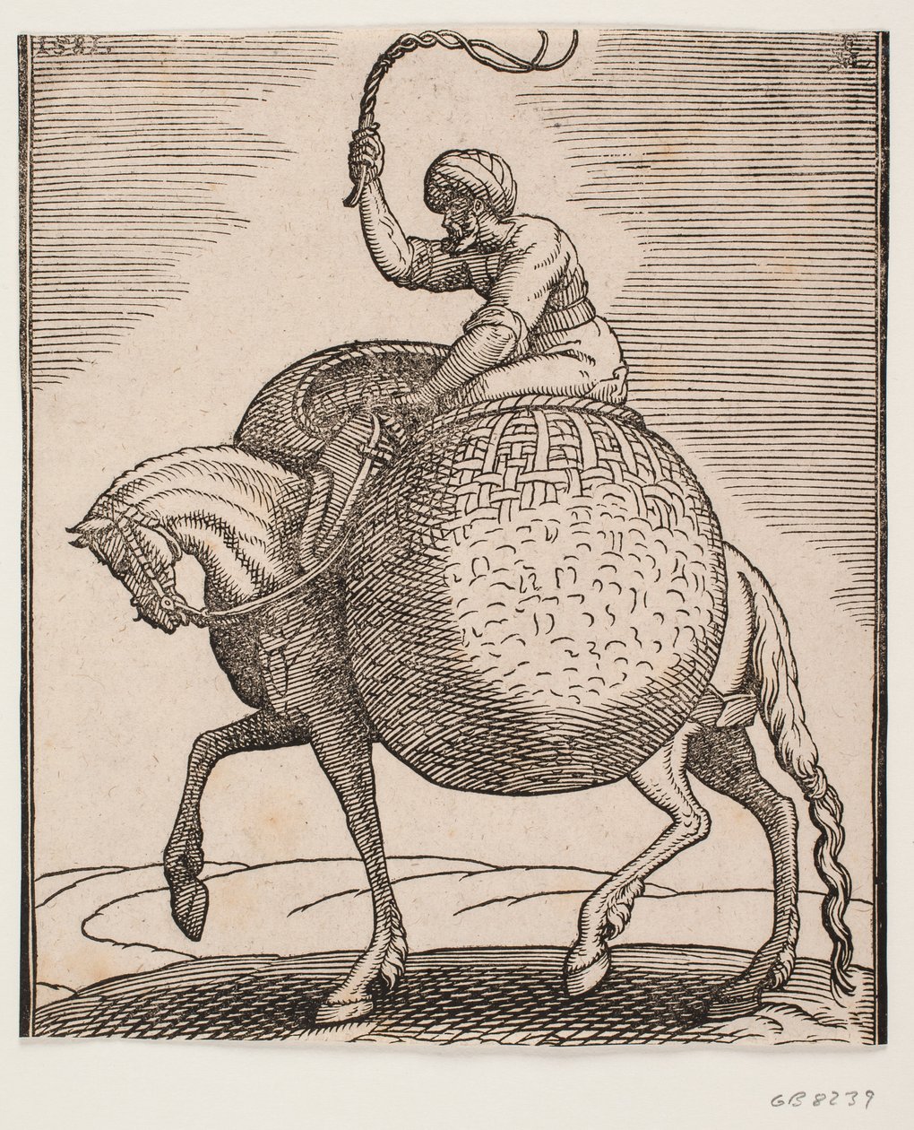 Cavalo com cavaleiro e duas cestas esféricas para transporte de legumes de Melchior Lorck