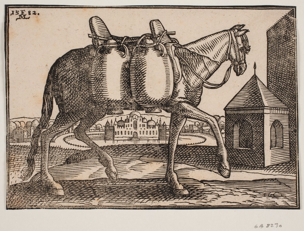 Cavalo, perfil contra h; em seu lado visível pendem dois recipientes cerâmicos; na frente do cavalo um poço quadrado com telhado pontiagudo, atrás do cavalo um castelo com picos e cúpulas, cercado por uma sepultura circular cheia de água de Melchior Lorck