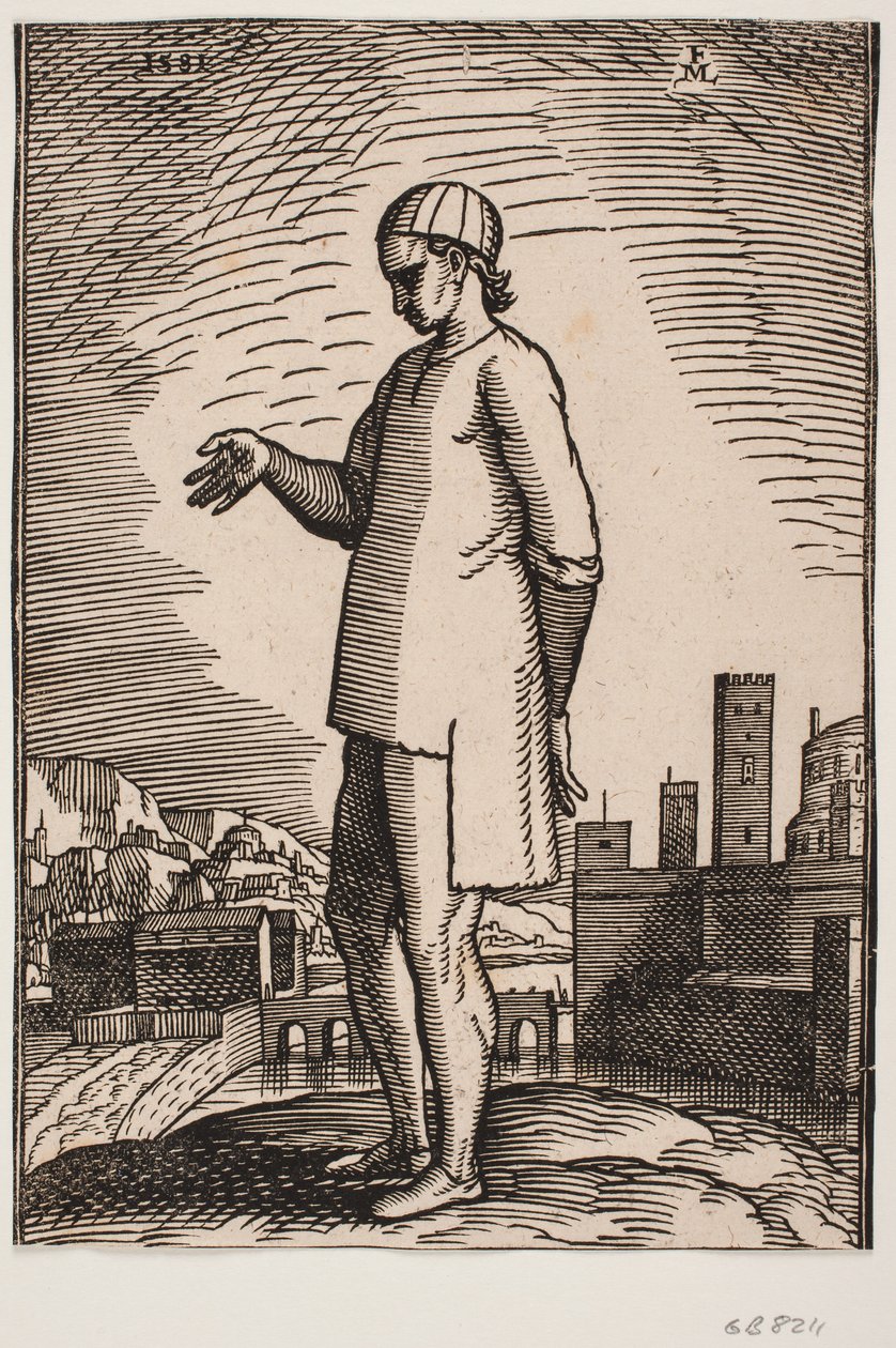 Escravo cristão com a mão estendida, ao fundo dois bairros ligados por uma ponte de Melchior Lorck