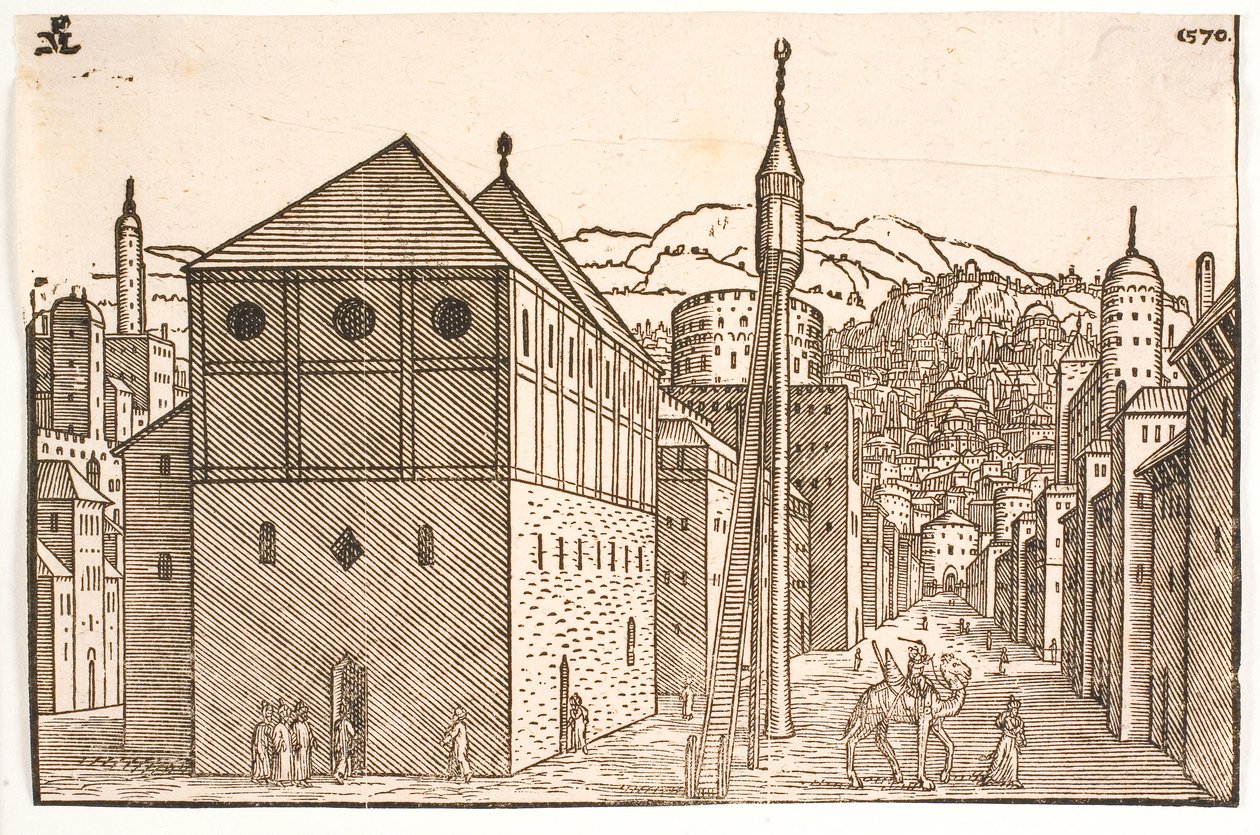 Mesquita com um minarete independente com escada externa de Melchior Lorck