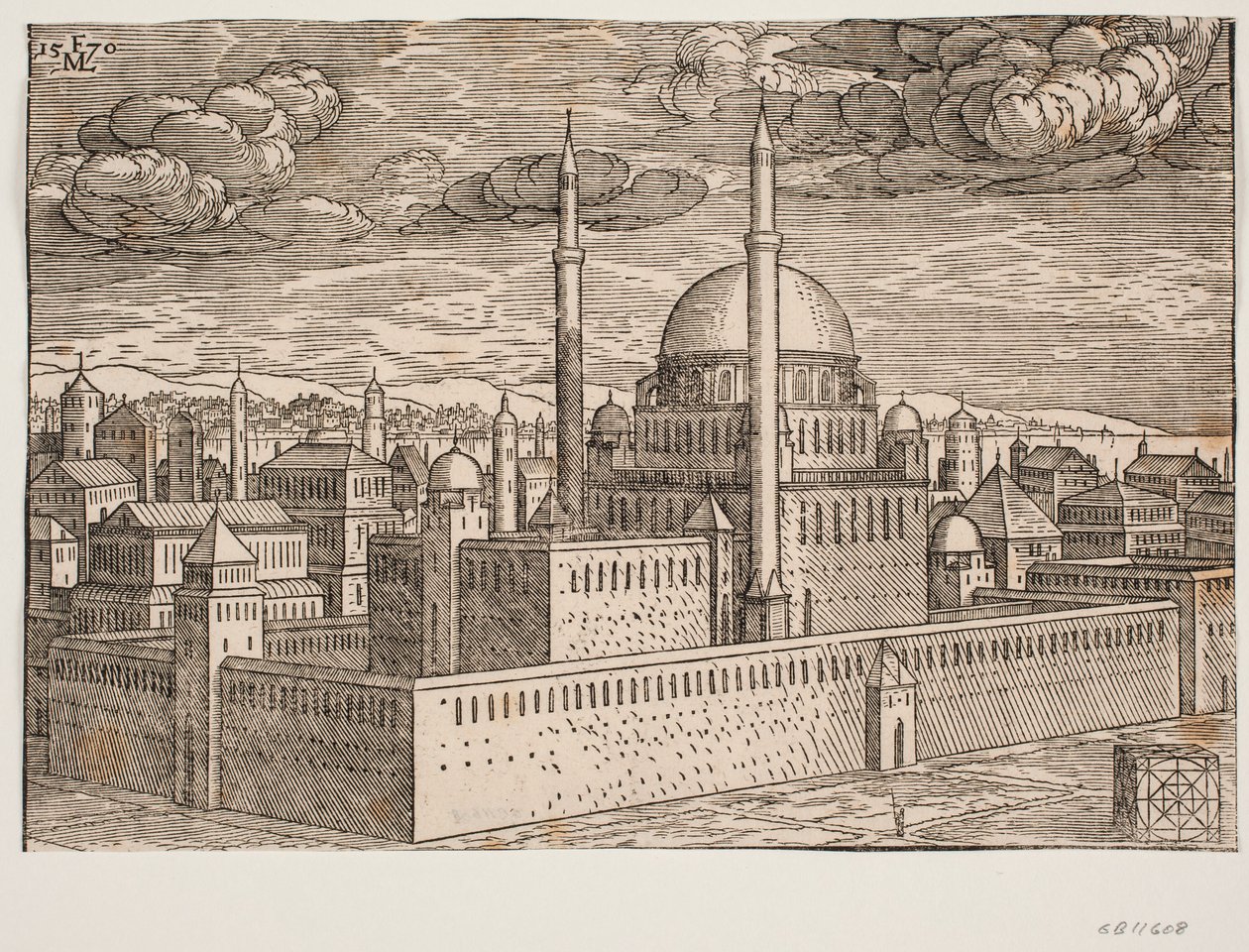 Mesquita, com dois minaretes, vista do noroeste; do outro lado da água, Galata pode ser visto? No canto inferior direito, há uma pedra cúbica, sobre a qual foi gravada uma figura geométrica quadrada, figura que presumivelmente exibe de Melchior Lorck