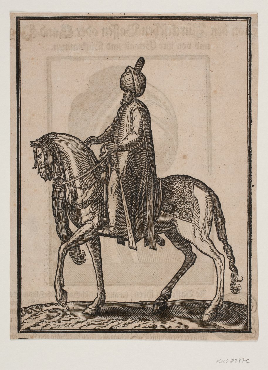 Homem mais velho montado, com clava ao lado, perfil para a esquerda; sob o pescoço do cavalo, um rabo de cavalo ou rabo de boi está pendurado como um sinal de status digno do homem de Melchior Lorck
