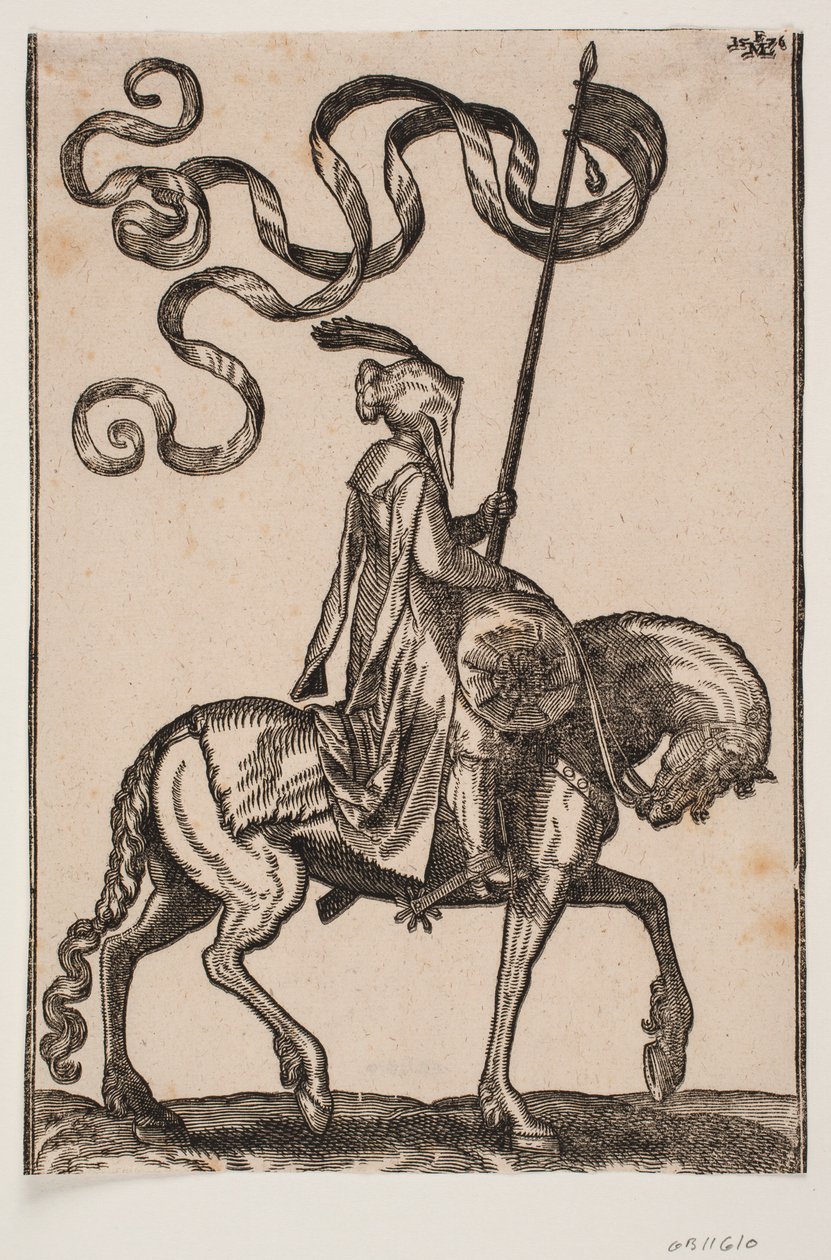 Porta-estandarte montado, perfil para a direita; o padrão é bicaudal; o cavaleiro está desarmado; nas costas do cavalo à sua frente, há um saco em forma de salsicha para transportar bagagem de Melchior Lorck