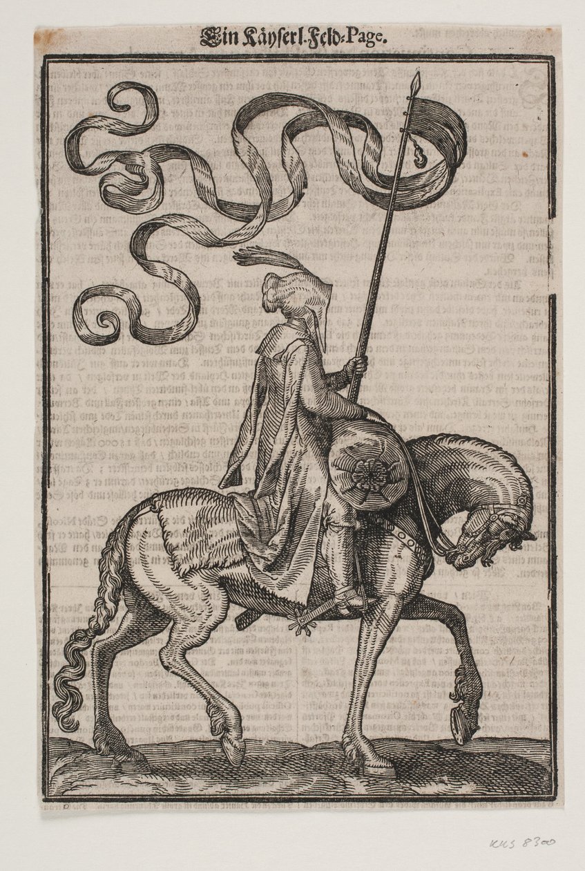 Porta-estandarte montado, perfil para a direita; o padrão é bicaudal; o cavaleiro está desarmado; nas costas do cavalo à sua frente, há um saco em forma de salsicha para transportar bagagem de Melchior Lorck